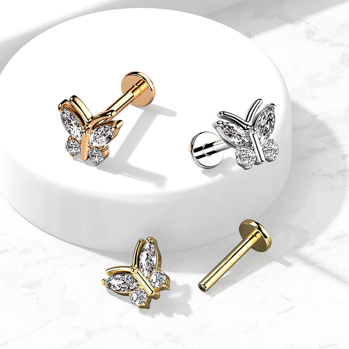 316L Internally Threaded Flat Back Labret With 4 Cz Butterfly Top