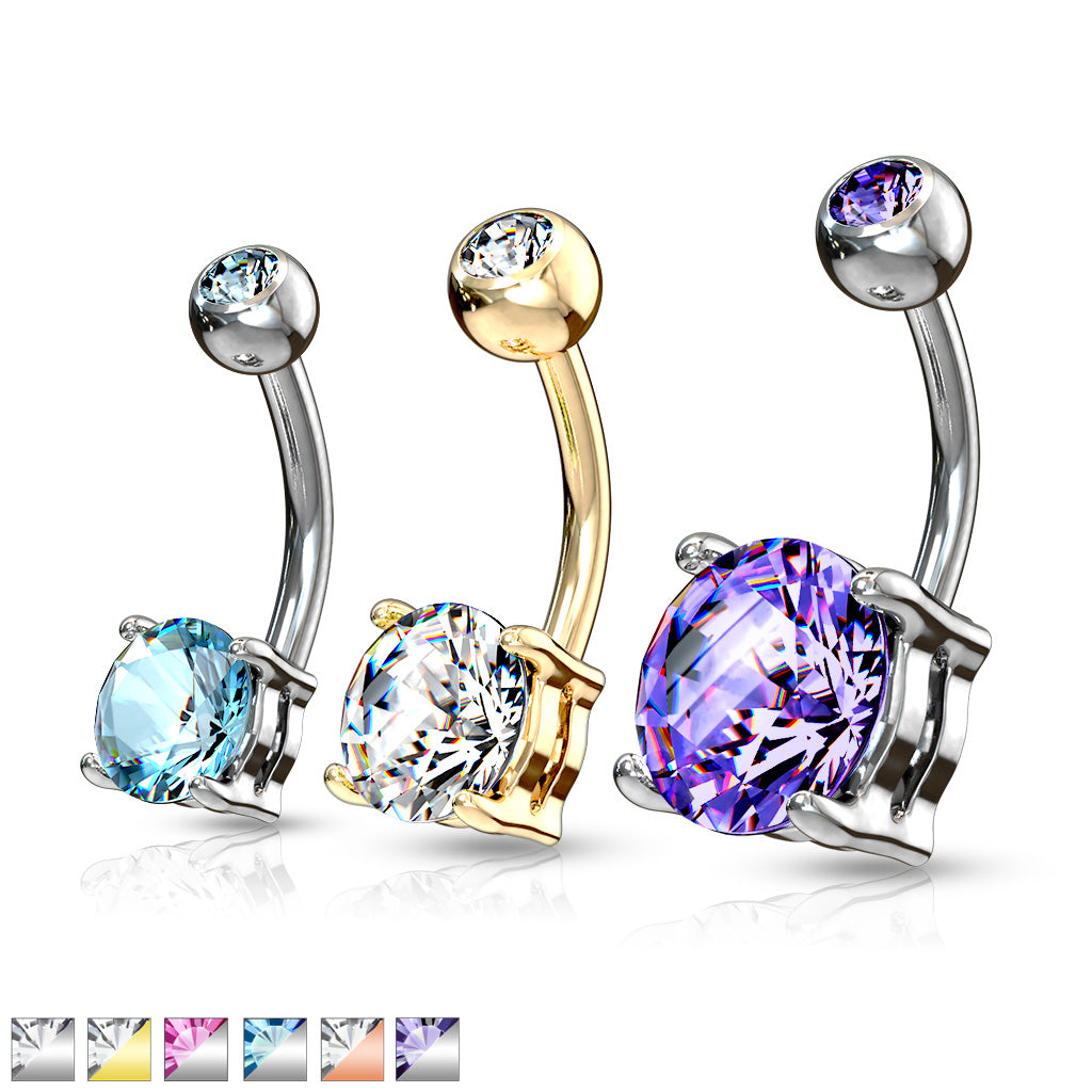 316L Surgical Steel Double Gemmed Solitaire Round Cz Prong Set Belly Button Ring