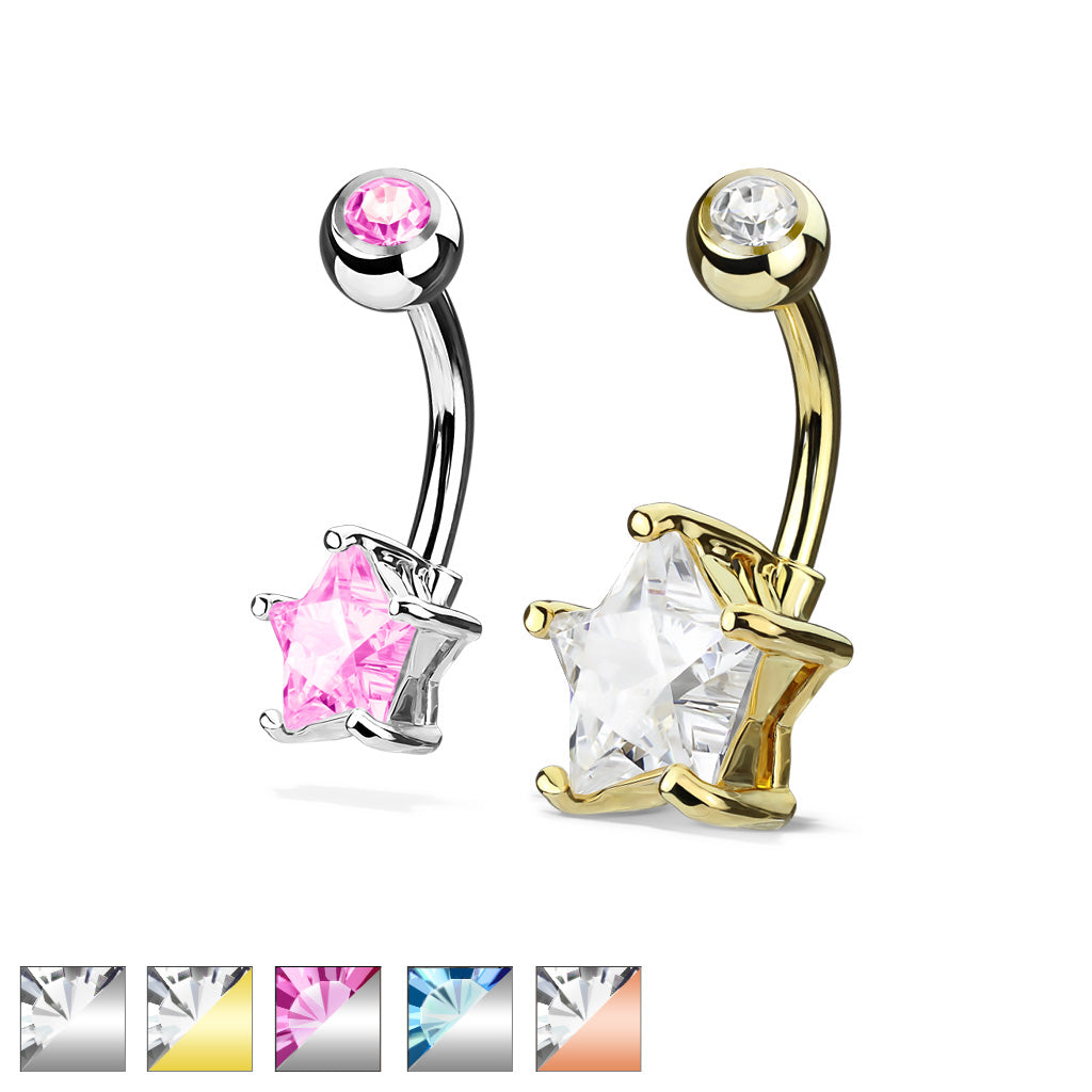 316L Surgical Steel Double Gemmed Solitaire Star Cz Prong Set Belly Button Ring