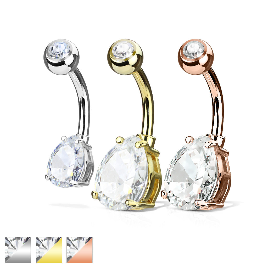 316L Surgical Steel Double Gemmed Solitaire Teardrop Cz Prong Set Belly Button Ring