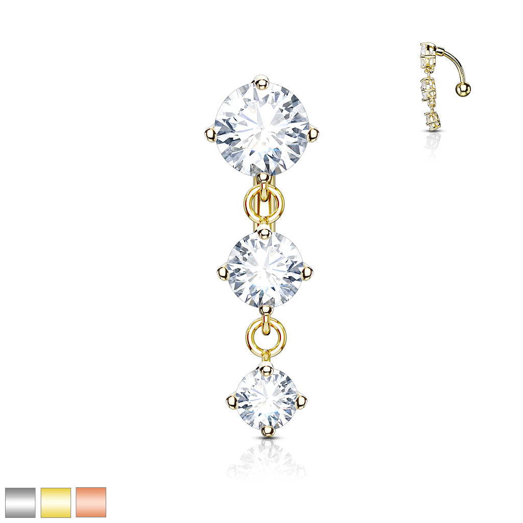 316L Surgical Steel Three Prong Set Round Cz Vertical Drop Belly Button Ring