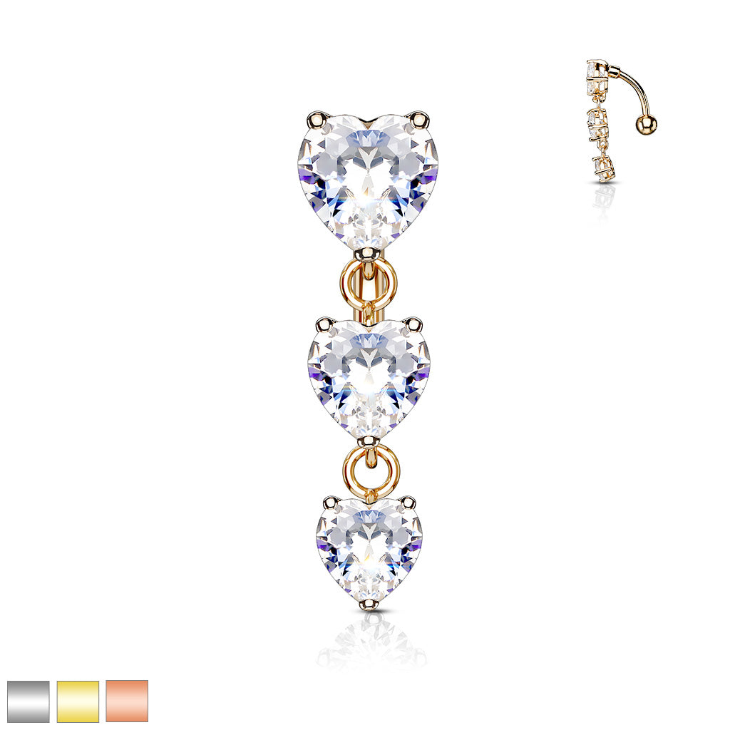 316L Surgical Steel Three Prong Set Heart Cz Vertical Drop Belly Button Ring