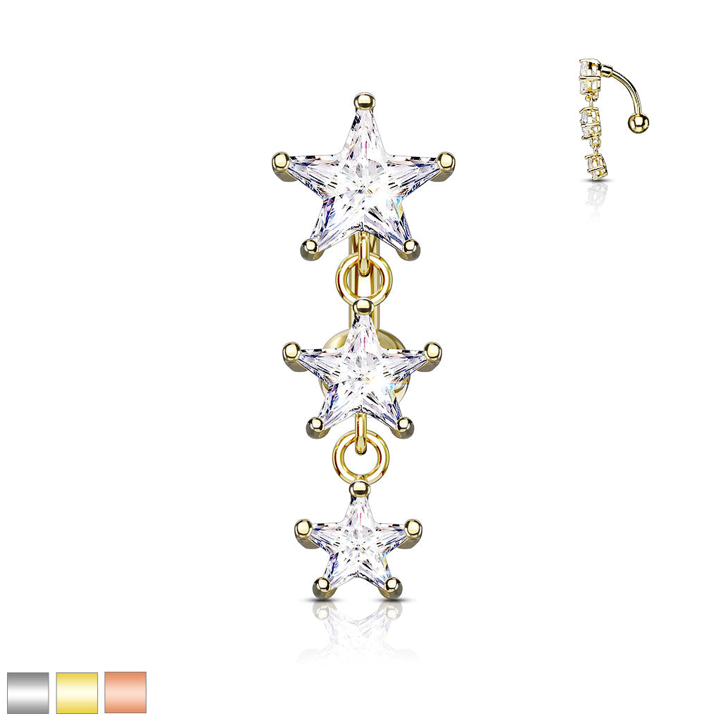 316L Surgical Steel Three Prong Set Star Cz Vertical Drop Belly Button Ring