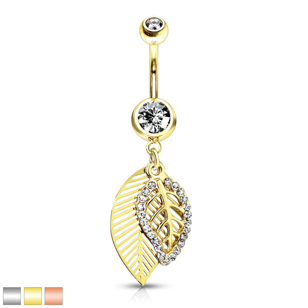 316L Surgical Steel Cz Paved Leaves Dangle Belly Button Ring