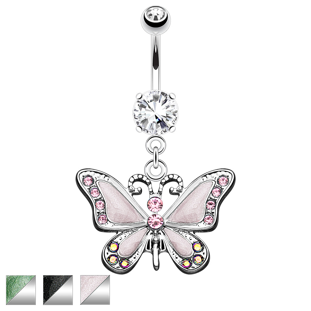 316L Surgical Steel Butterfly Dangle With Cz Belly Button Ring