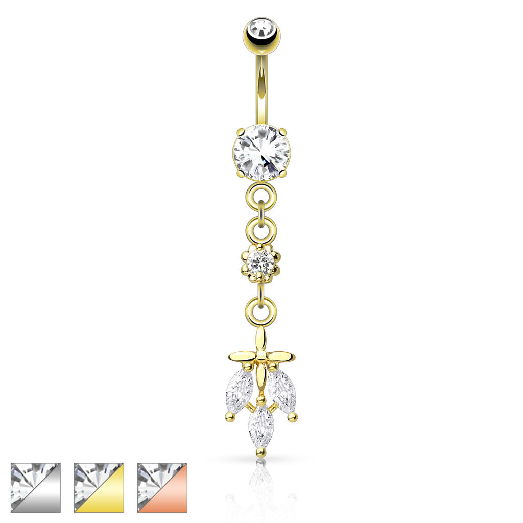 316L Surgical Steel Triple Cz Falling Leaf Dangle Belly Button Ring