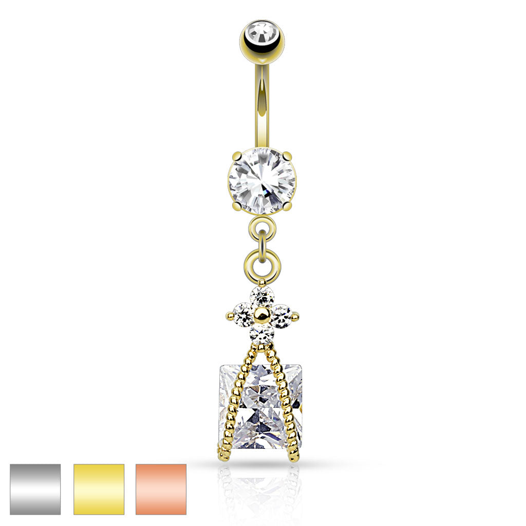 316L Surgical Steel Roped Square Cz And Small Cz Flower Dangle Belly Button Ring