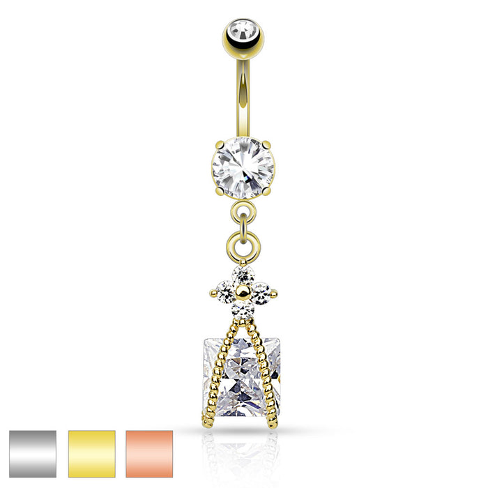 316L Surgical Steel Roped Square Cz And Small Cz Flower Dangle Belly Button Ring