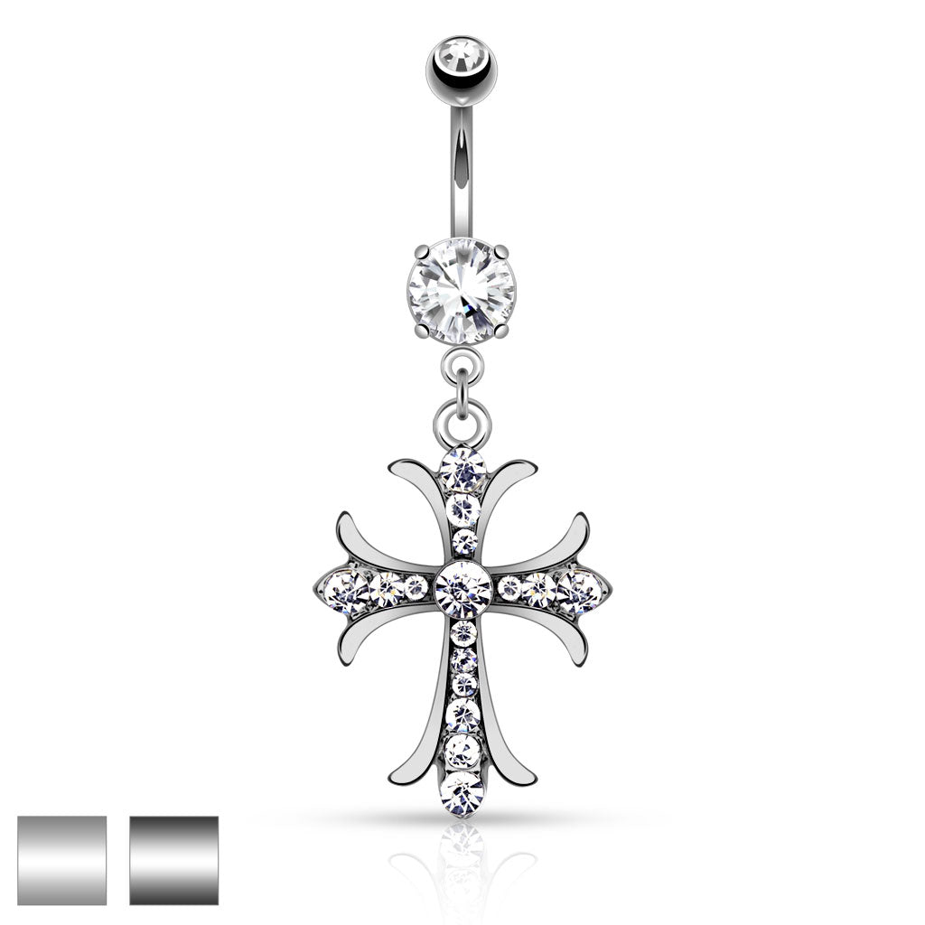 316L Surgical Steel Celtic Cross With Paved Gems Dangle Belly Button Ring