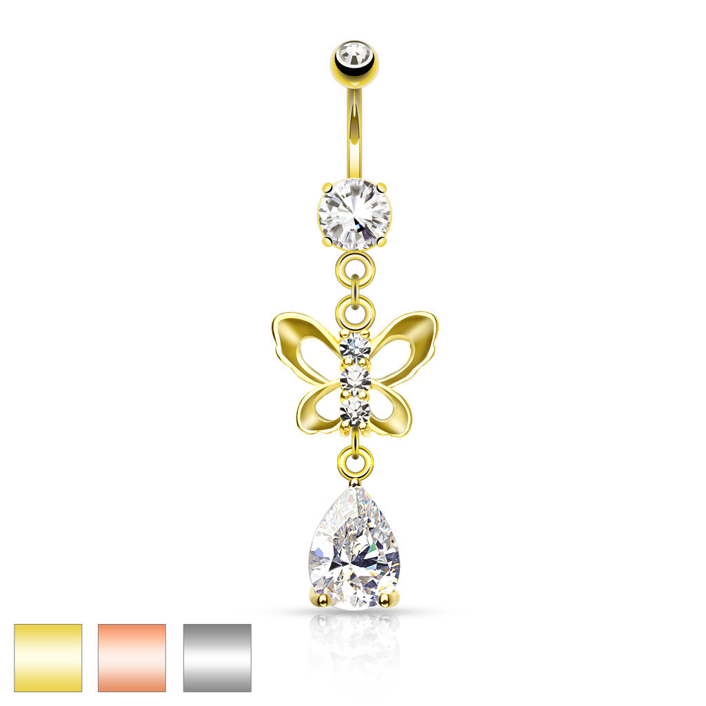 316L Surgical Steel Clear Cz Paved Butterfly And Tear Drop Cut Cz Belly Button Ring