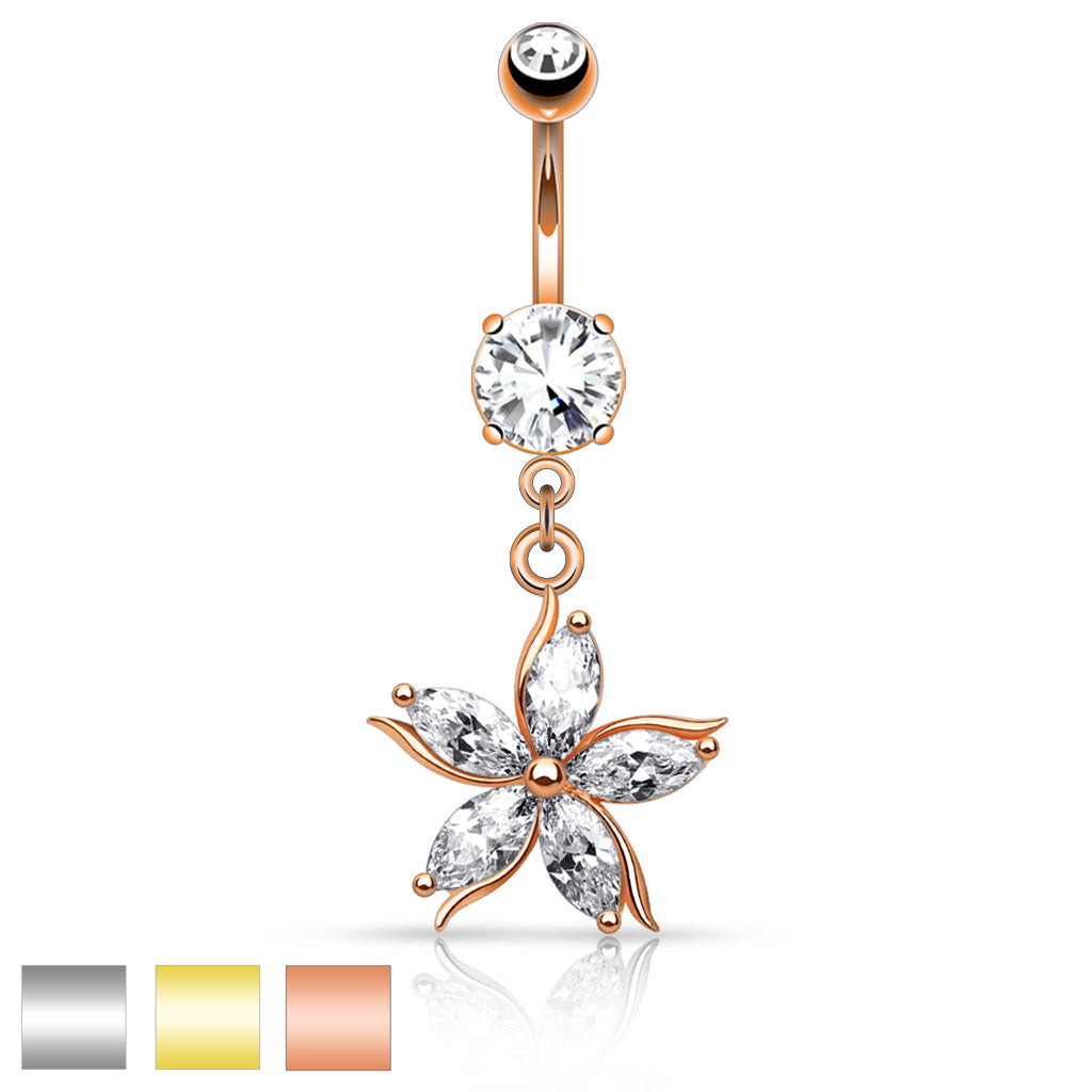 316L Surgical Steel Flower W/ Cz Shard Petals Dangle Belly Button Ring