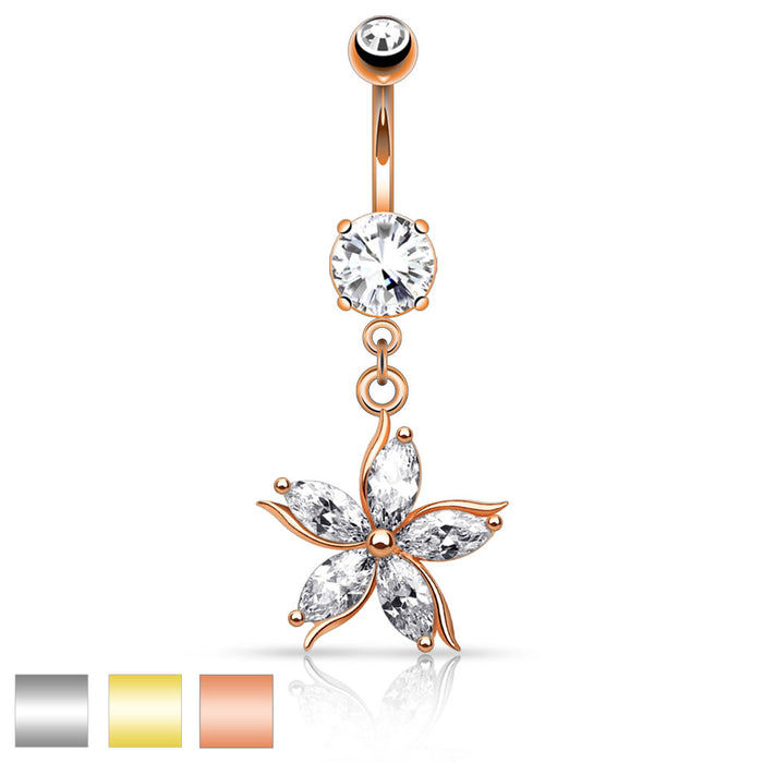 316L Surgical Steel Flower W/ Cz Shard Petals Dangle Belly Button Ring