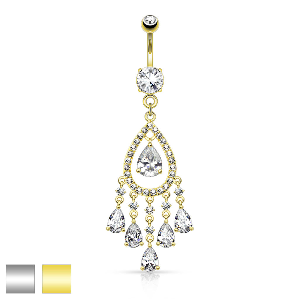 316L Surgical Steel Multi Tear Drop And Round Cz Set Chandelier Dangle Belly Button Ring