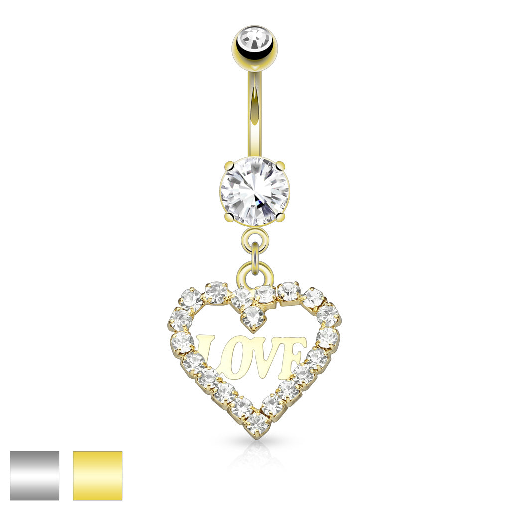 316L Surgical Steel Crystal Paved Hollow Heart With Love Dangle Belly Button Ring