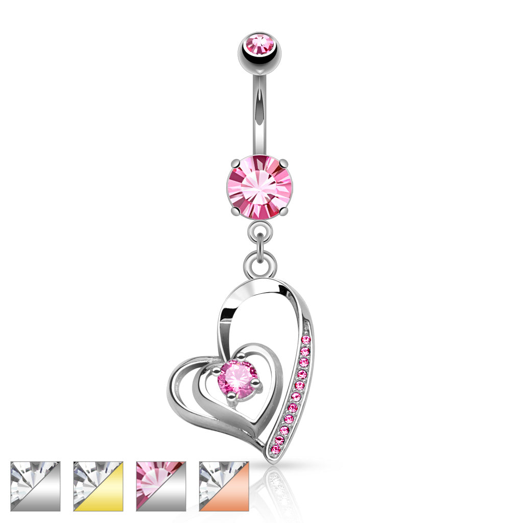 316L Surgical Steel CZ Centered Double Heart With Micro Pave CZ Dangle Belly Button Ring