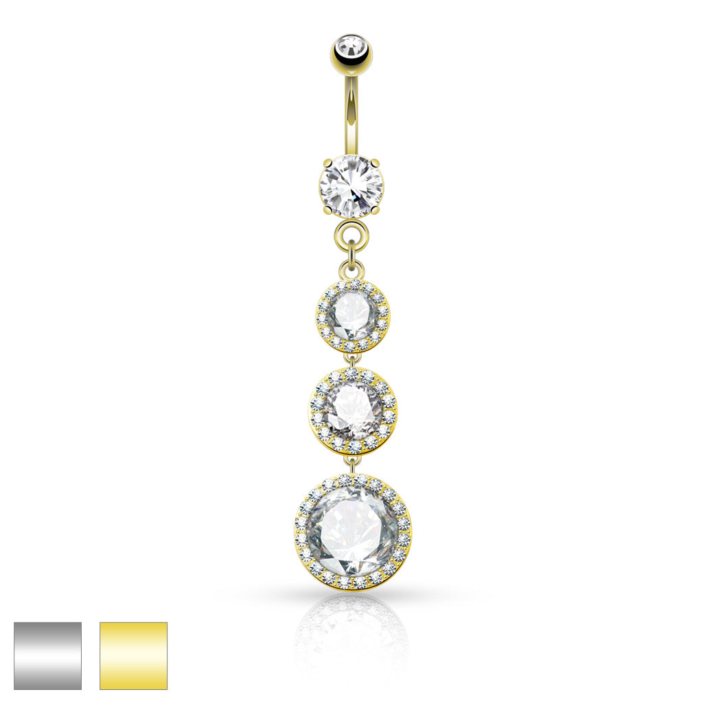 316L Surgical Steel Triple CZ Paved Around Large CZ Drops Belly Button Ring