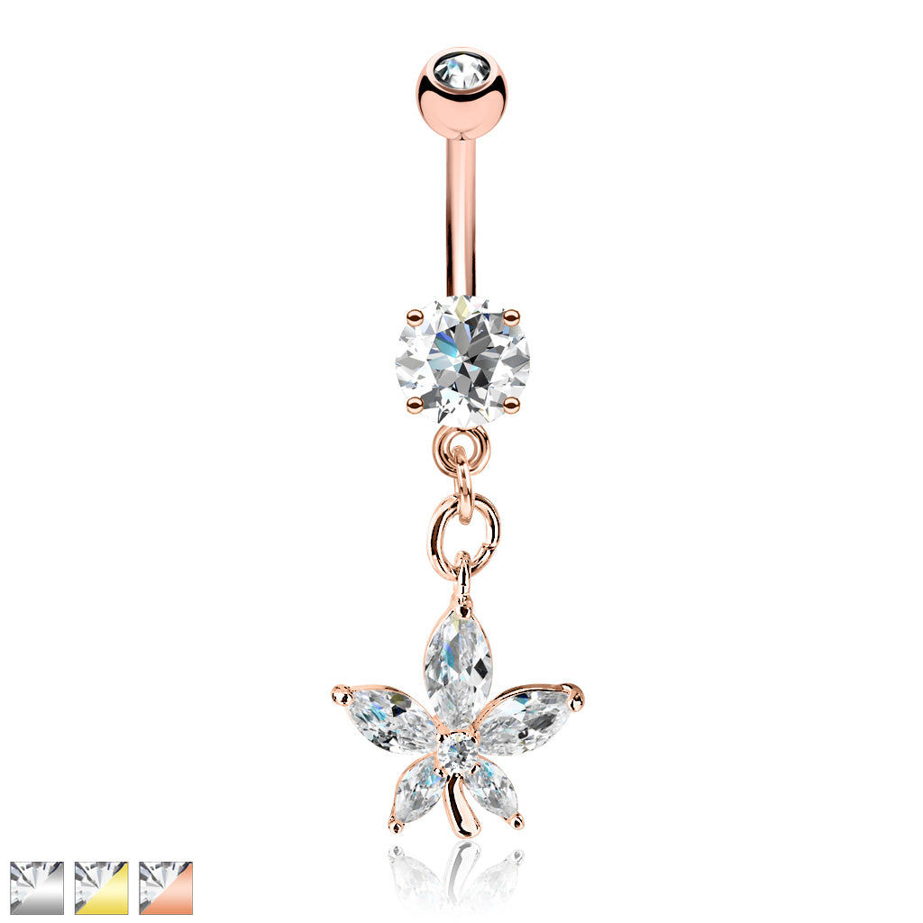 316L Surgical Steel Marquise CZ Petal Flower Dangle Round CZ Belly Button Ring