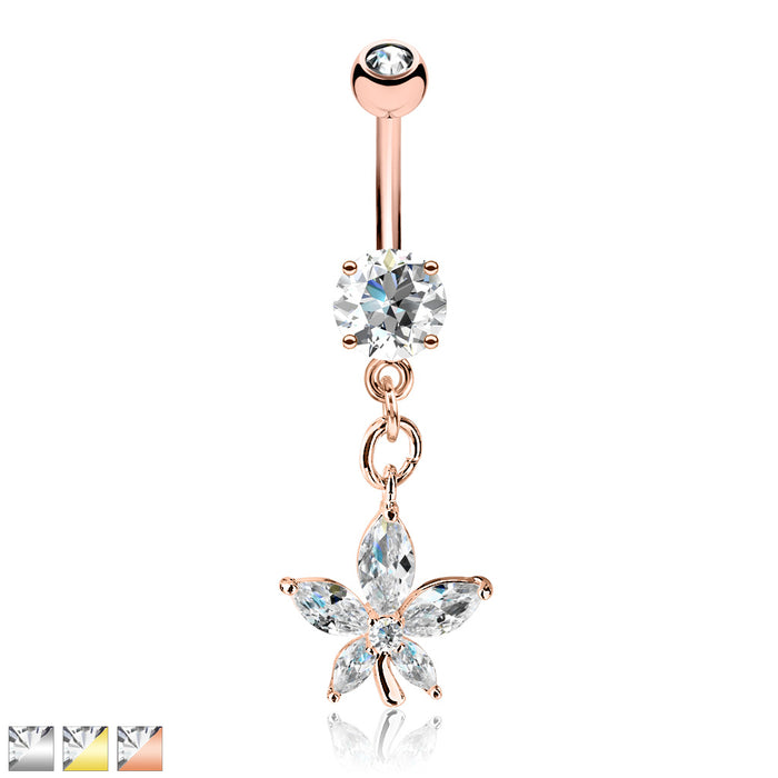 316L Surgical Steel Marquise CZ Petal Flower Dangle Round CZ Belly Button Ring