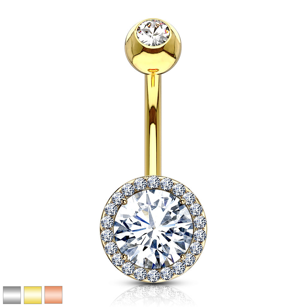316L Surgical Steel CZ Around Round Prong Set CZ Center Double Tier Belly Button Ring