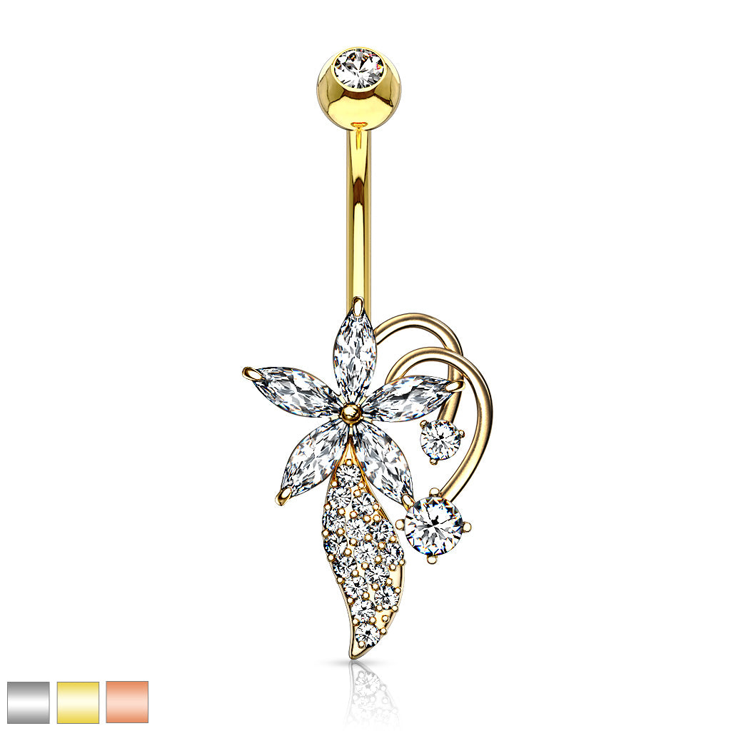 316L Surgical Steel Five Marquise CZ Flower CZ Cluster Stem Bouquet Belly Button Ring