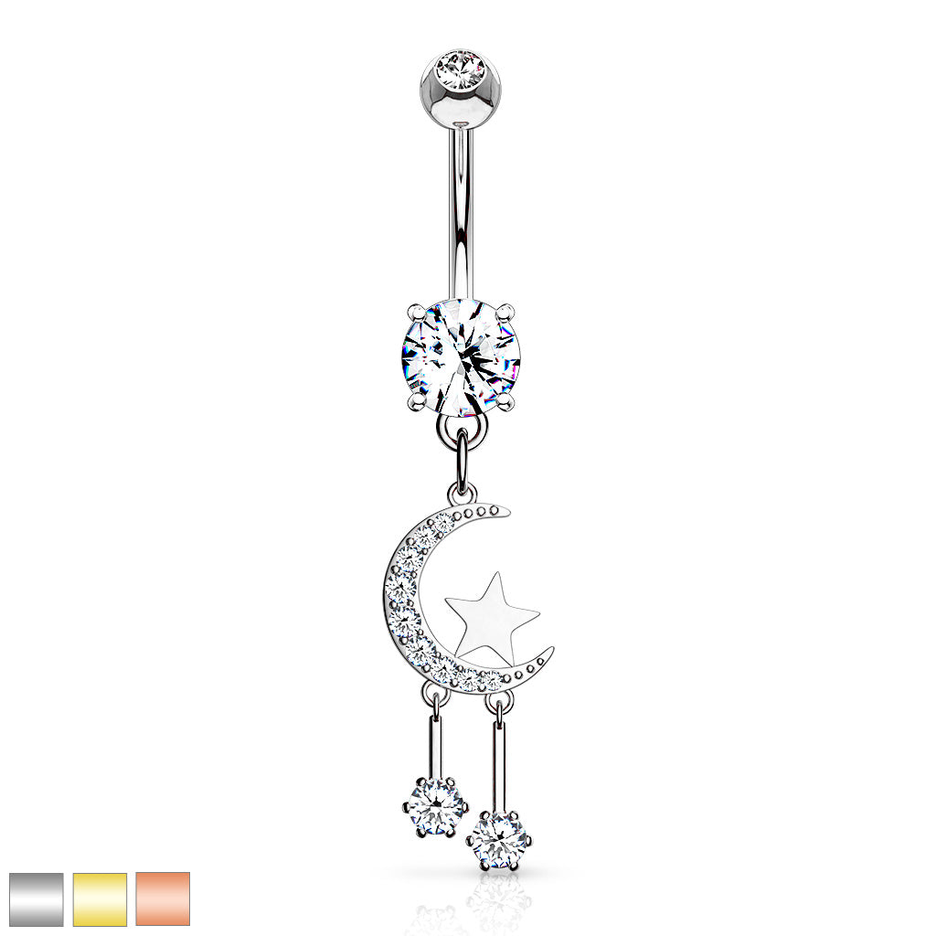 316L Surgical Steel CZ Paved Crescent Moon And Star With Round CZ Dangle Belly Button Ring