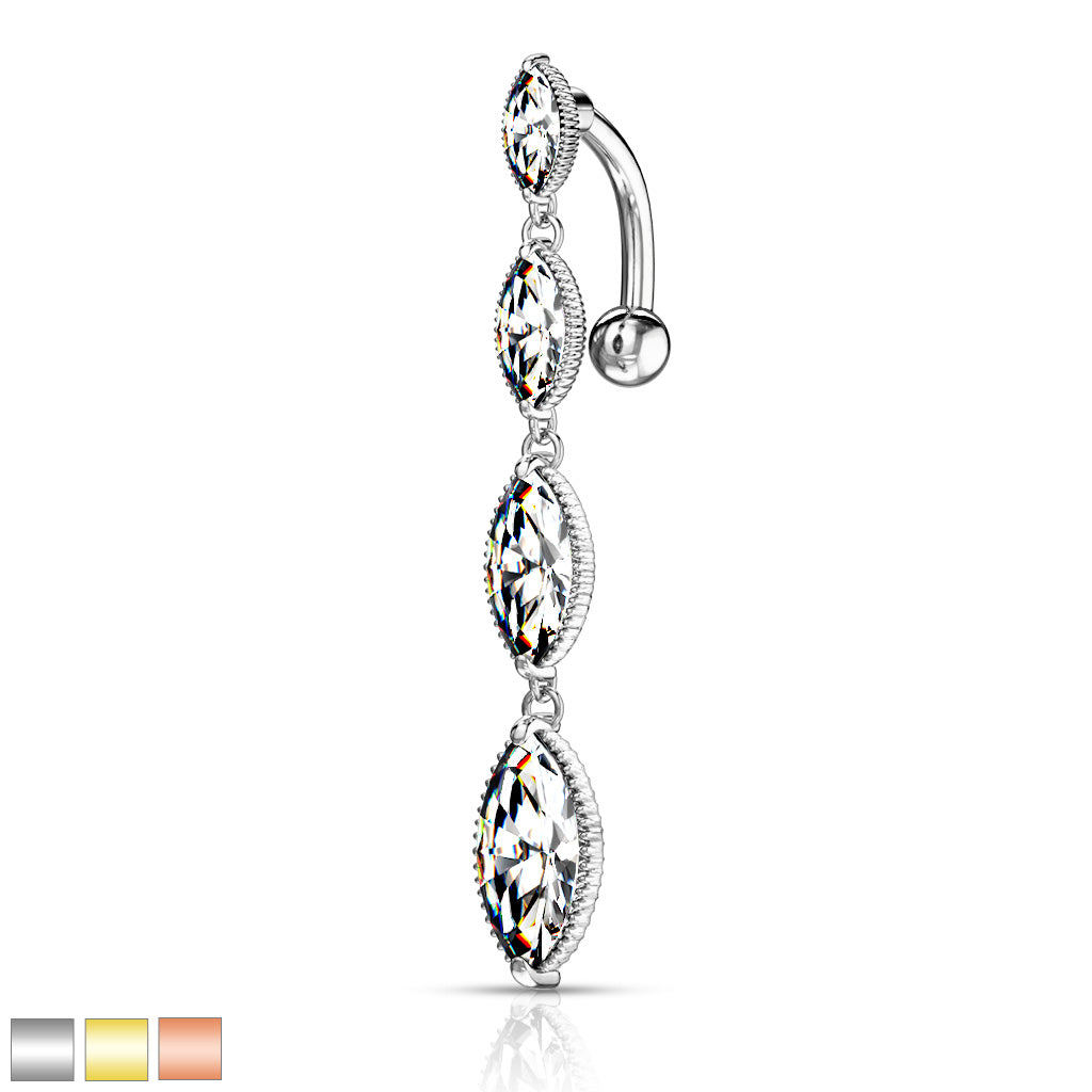 316L Surgical Steel Four Marquise CZ Vertical Drop Belly Button Ring