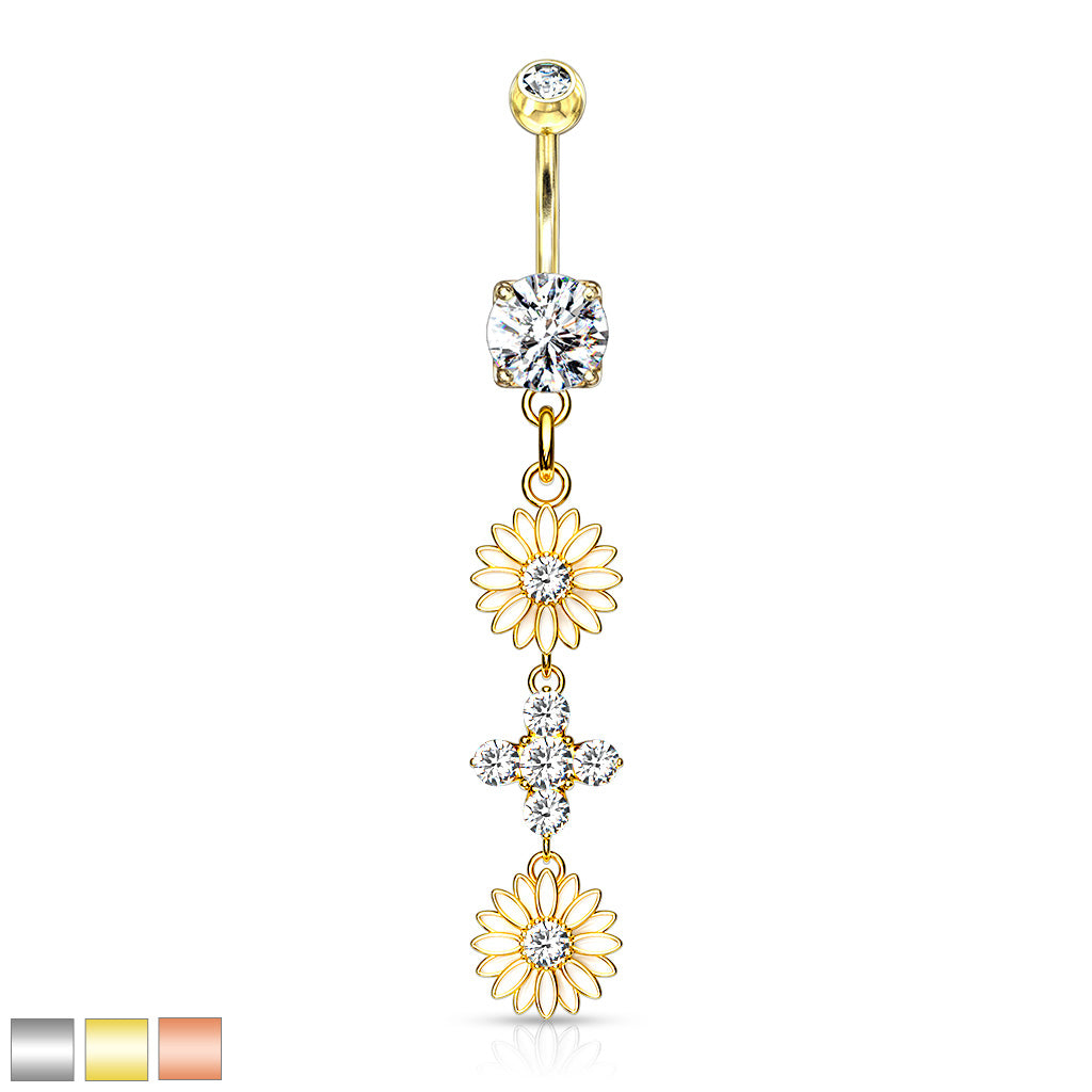 316L Surgical Steel Double Enamel Flower With CZ Center And 4 CZ Flower Dangle Belly Button Ring