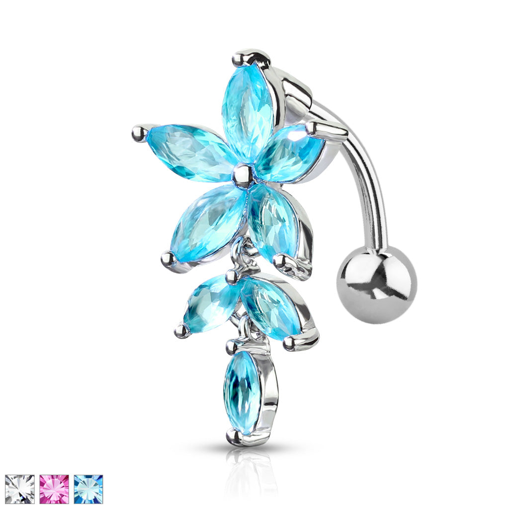 316L Surgical Steel Marquise CZ Flower With Marquise CZ Vines Top Drop Belly Button Ring