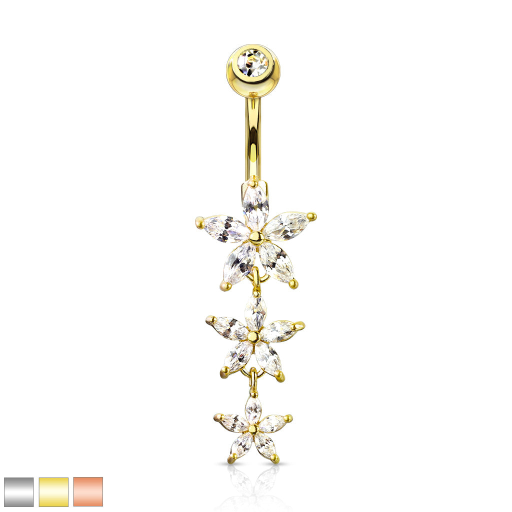 316L Surgical Steel Triple Marquise CZ Flowers Dangle With Gemmed Top Belly Button Ring