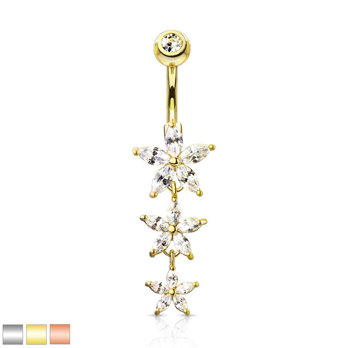 316L Surgical Steel Triple Marquise CZ Flowers Dangle With Gemmed Top Belly Button Ring