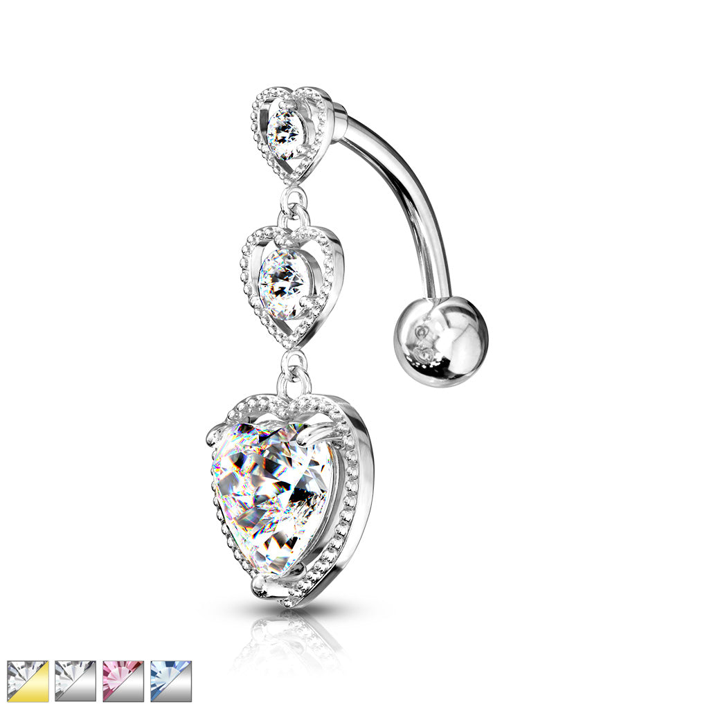 316L Surgical Steel Triple Heart Vertical Drop With Large Heart CZ Bottom Heart Top Drop Belly Button Ring