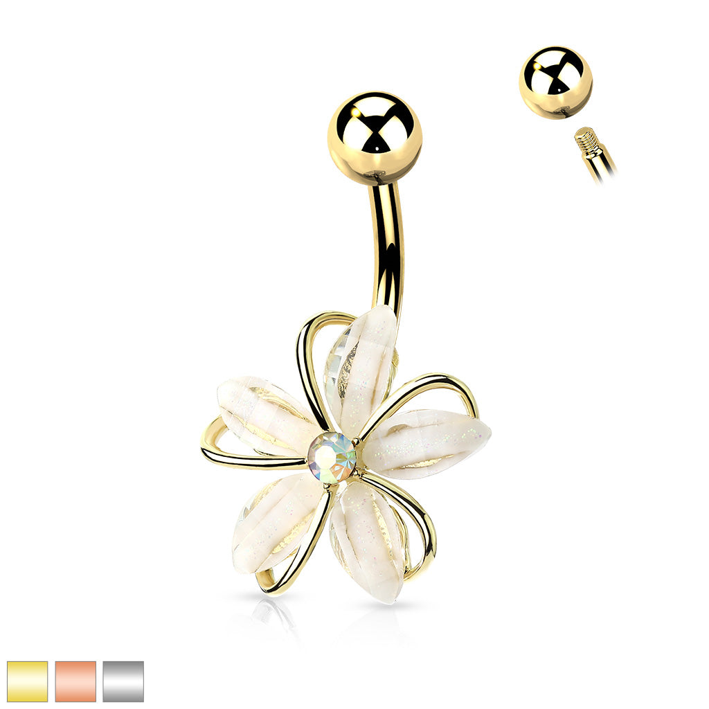 316L Surgical Steel CZ Center Wire Set White Flower Belly Button Ring