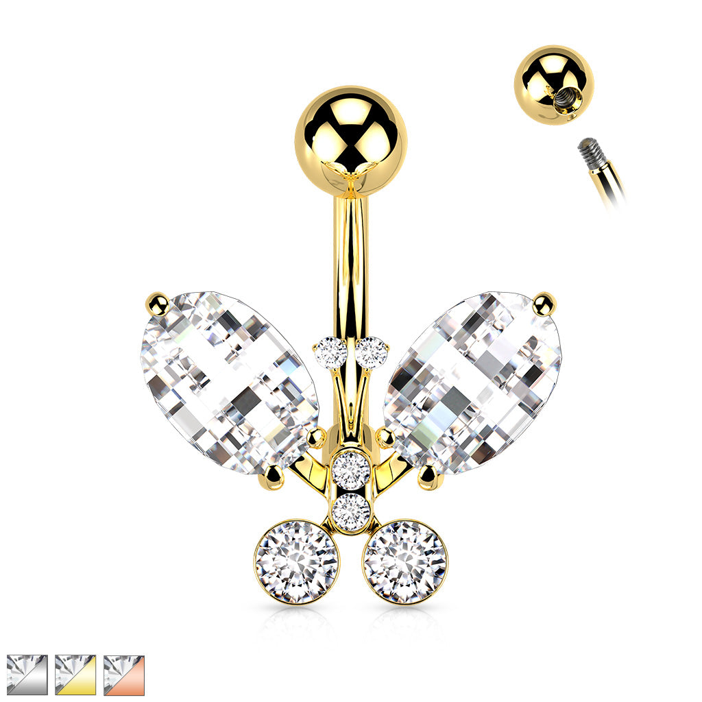 316L Surgical Steel Clear Faceted Crystal Butterfly Belly Button Ring