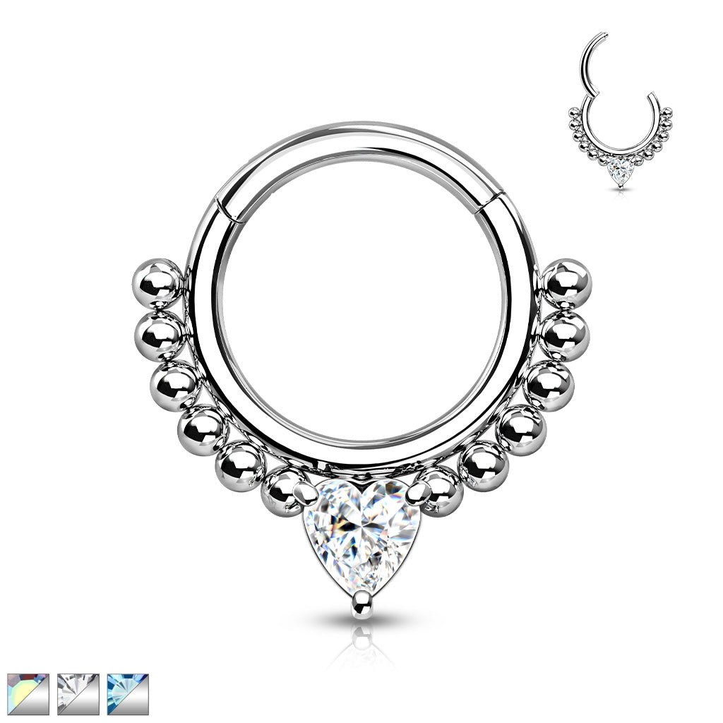 Front-Facing Heart CZ Hinged Hoop Ring