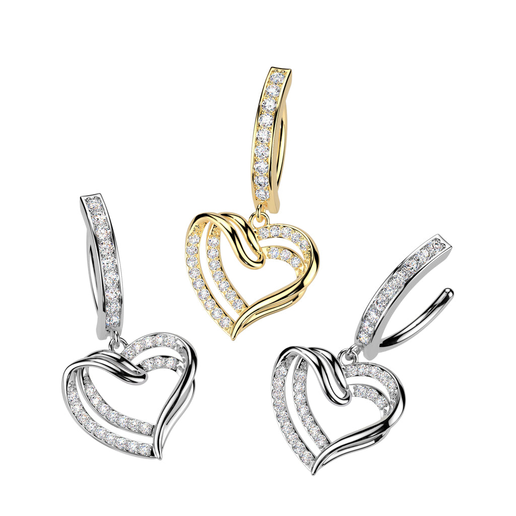 316L Surgical Steel Hinged CZ Pave Belly Button Ring With Double CZ Pave Heart Dangle product photograph