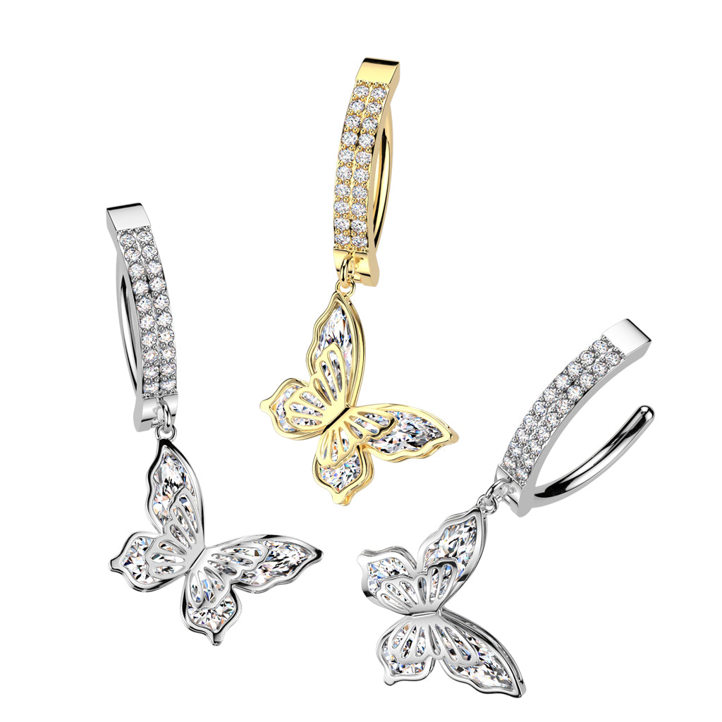 316L Surgical Steel Hinged Double Line Pave CZ Belly Button Ring With CZ Butterfly Dangle product photograph