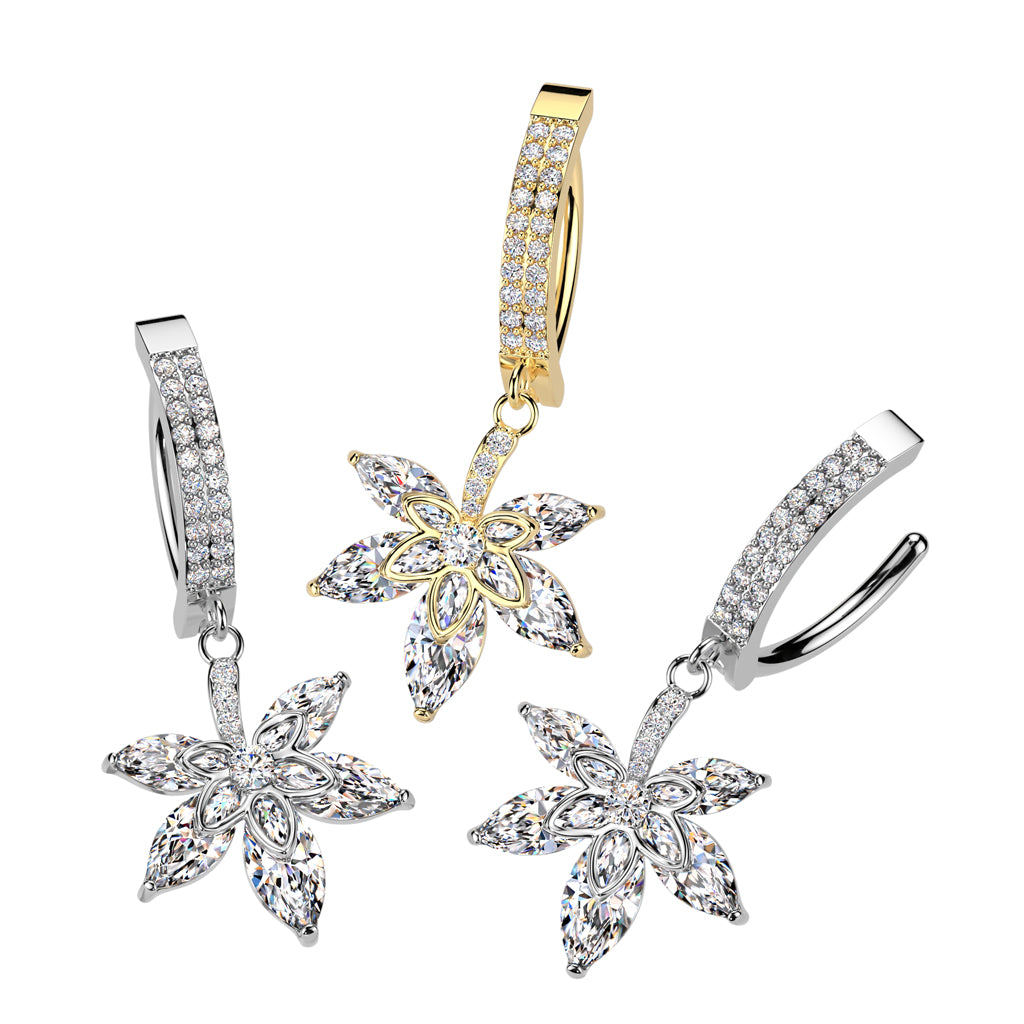 316L Surgical Steel Hinged Double CZ Pave Belly Button Ring With CZ Pot Leaf Dangle product photograph