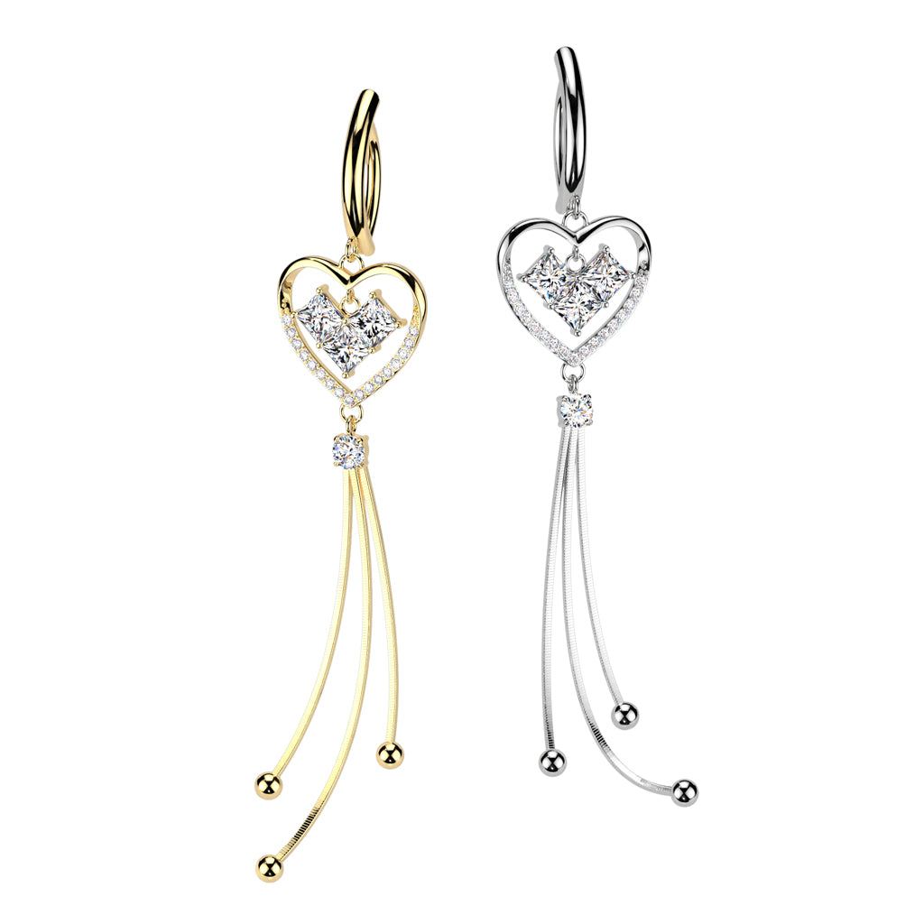 316L Surgical Steel Hinged Belly Button Ring With Square CZ Heart Center and CZ Pave Heart With Triple Chain Dangle product photograph
