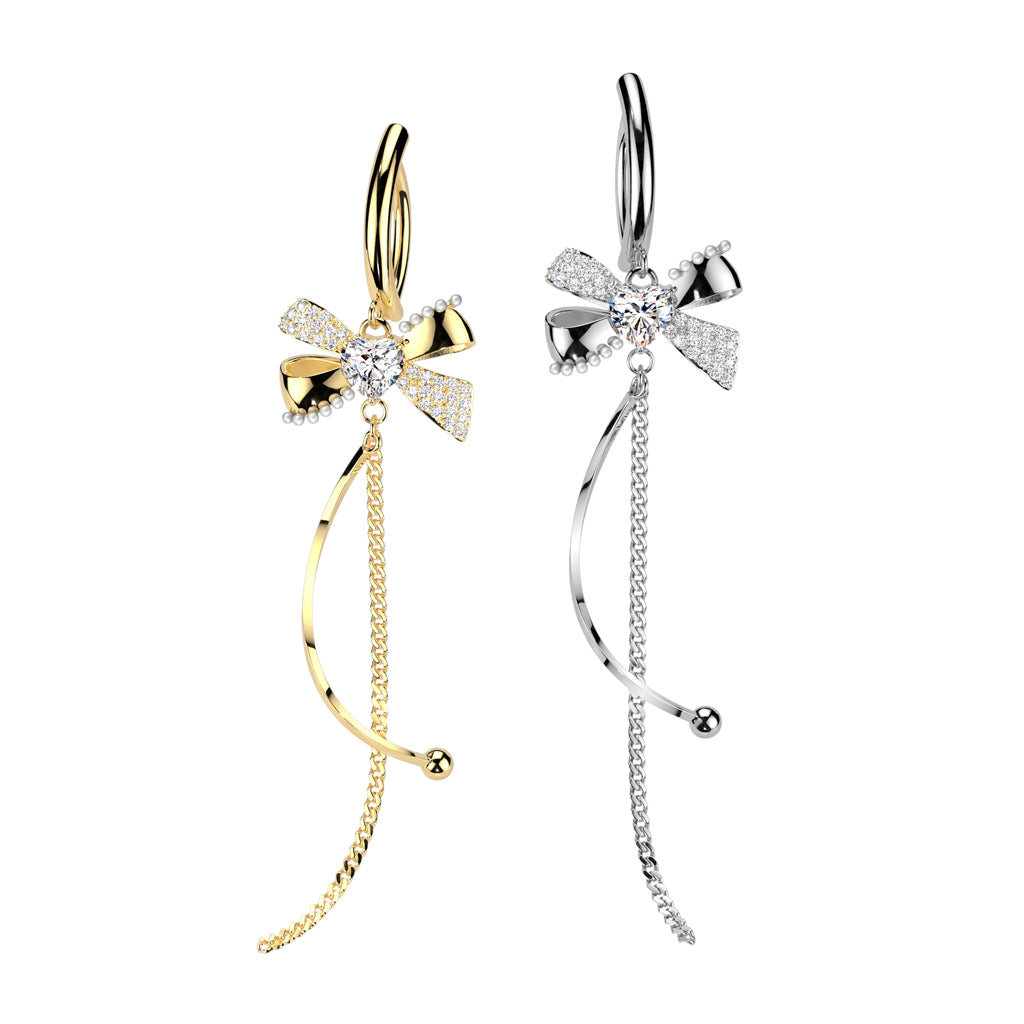 316L Surgical Steel Hinged Belly Button Ring With CZ and Pearl Bow With Heart CZ Center and Chain and Curved Bar Dangle product photograph