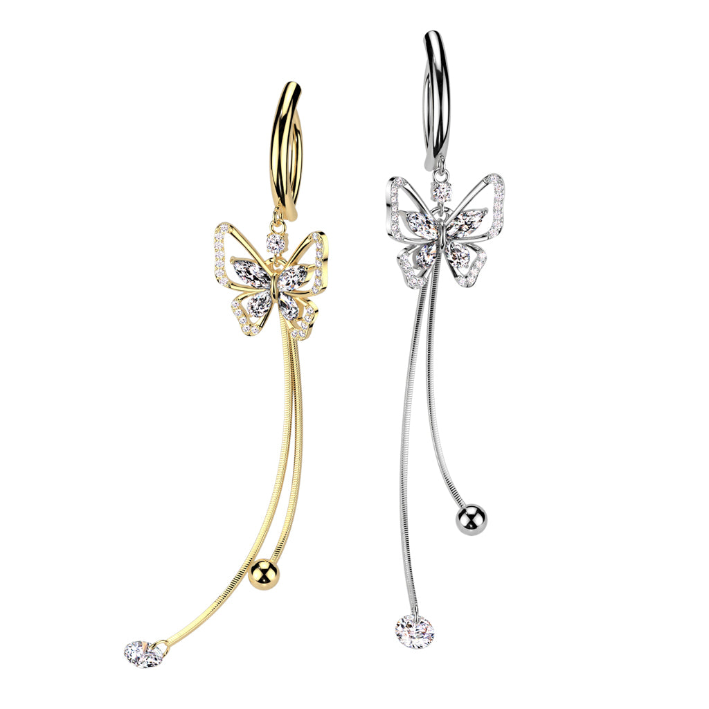 316L Surgical Steel Hinged CZ Butterfly Belly Button Ring With Ball And Gem Dangle product photograph