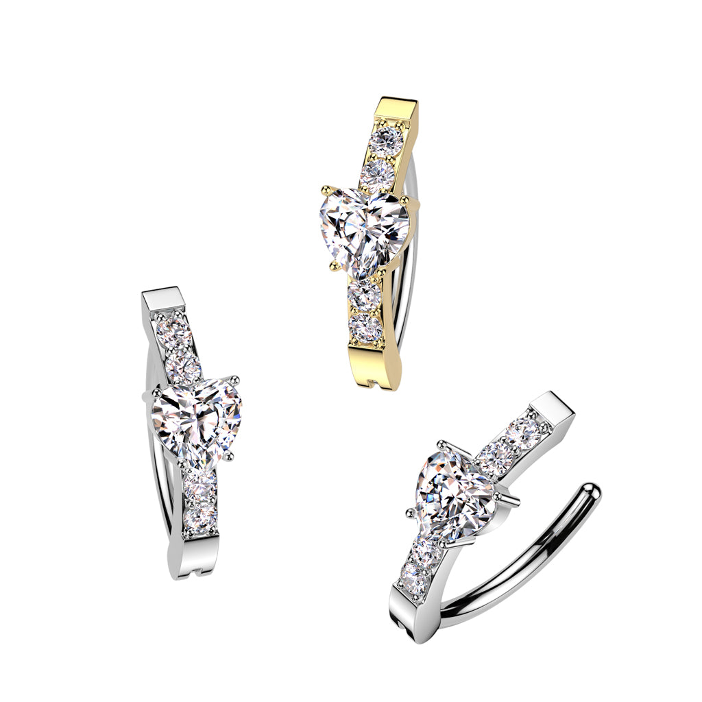 316L Surgical Steel Hinged Belly Button Ring With Round CNC CZ and Heart CZ Center product photograph