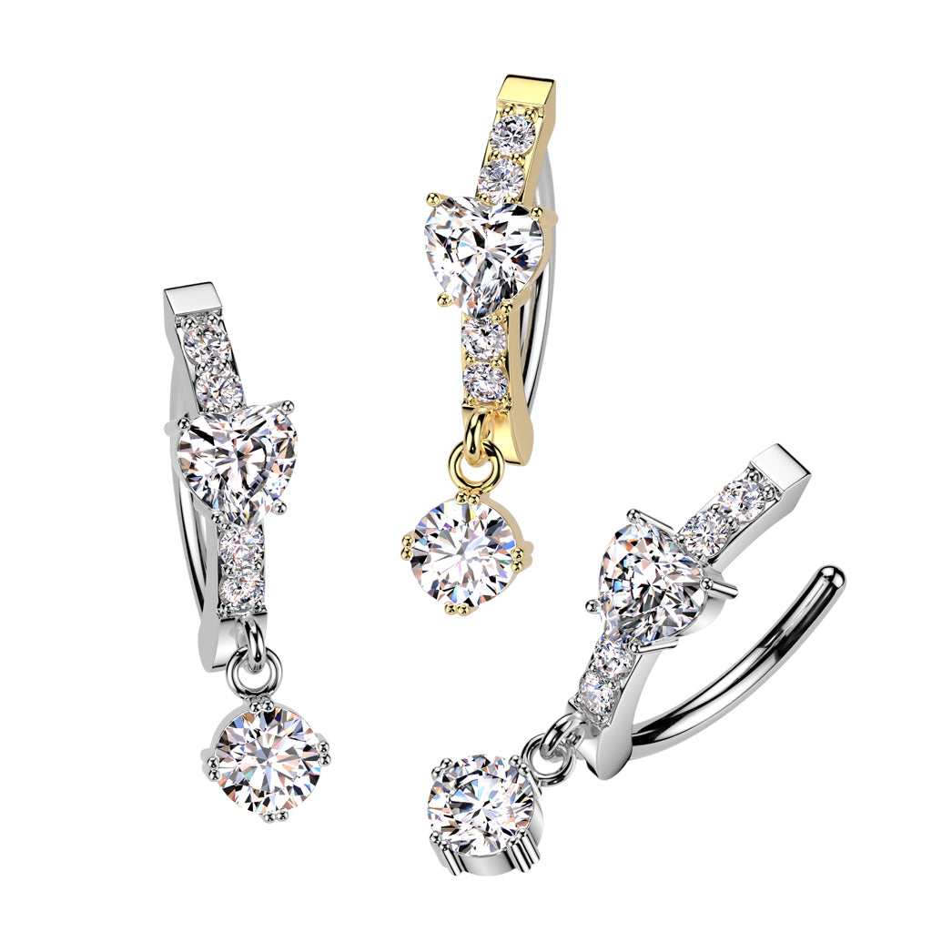 316L Surgical Steel Hinged CNC Belly Button Ring With CZ Heart Center and Round CZ Dangle product photograph